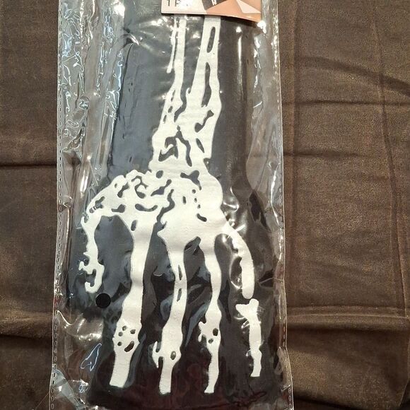 New Black Bone Skeleton glow in the dark Knit Fingerless Costume Gloves - Picture 5 of 5